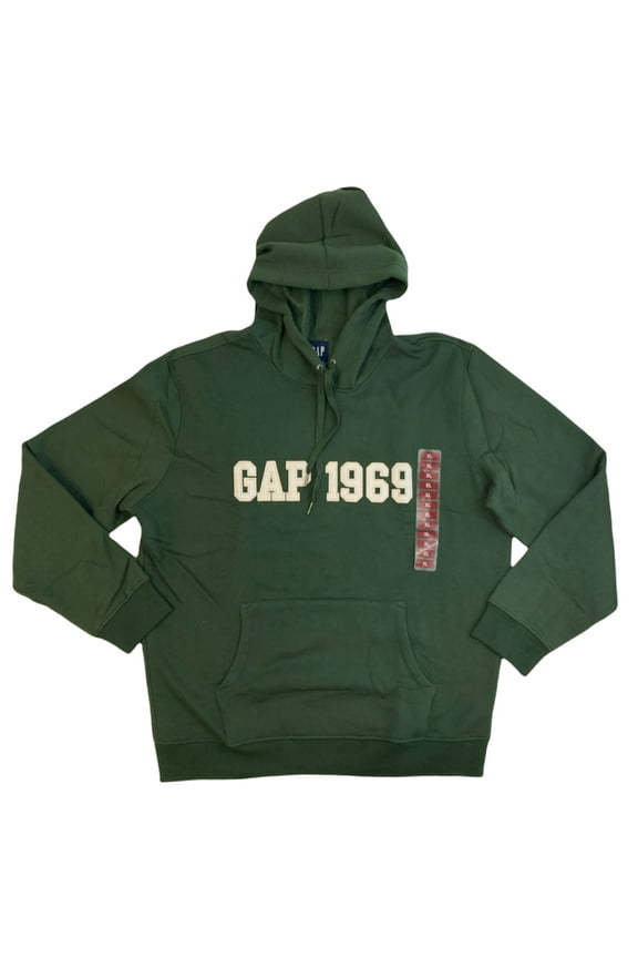 Men's Applique Fleece 1969 Logo Pullover Hoodie W/ Kangaroo Pocket (Olive, L)