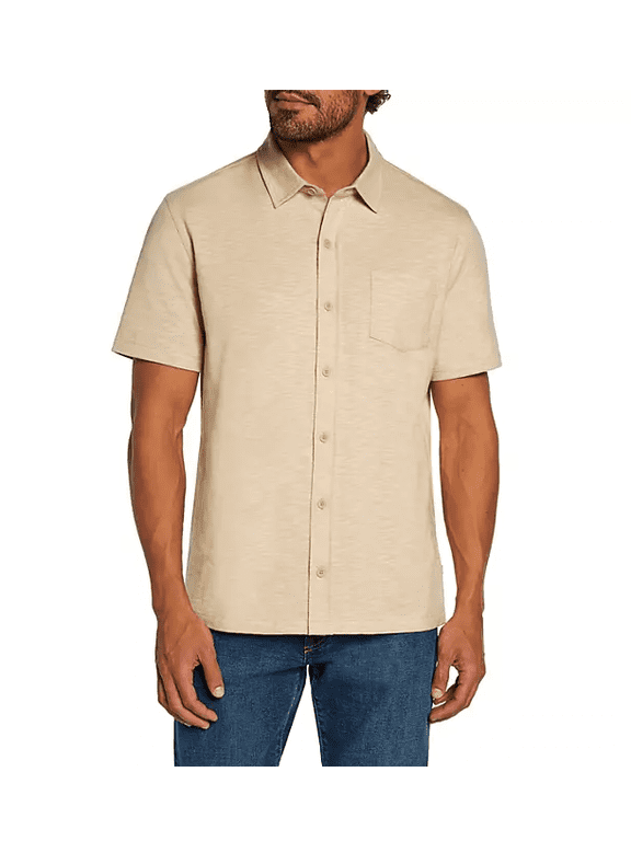 Men's Short Sleeve Knit Button Down Shirt Large Neutral