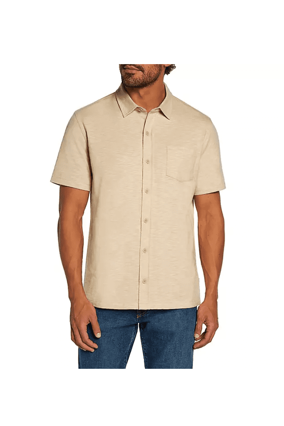 Men's Short Sleeve Knit Button Down Shirt Large Neutral