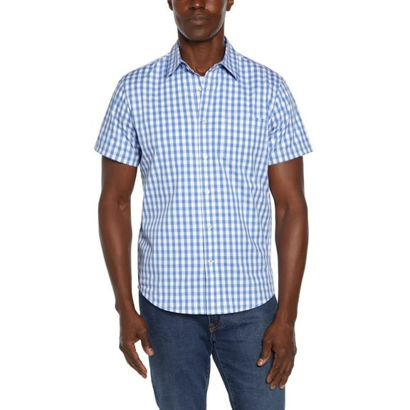 Gap Men's Short Sleeve Poplin Shirt, Plaid Blue, S