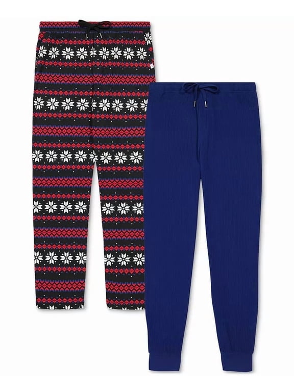 Mens 2Pk. Waffle-Knit Jogger-Leg Pajama Pants Deep Cobalt & Fair Isle-Large