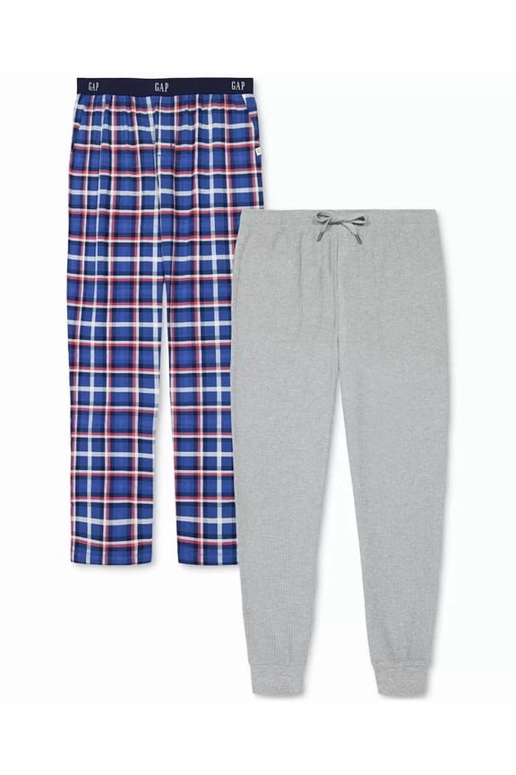 Mens 2Pk. Waffle-Knit Jogger-Leg Pajama Pants Gray Heather/Blue Plaid-XL