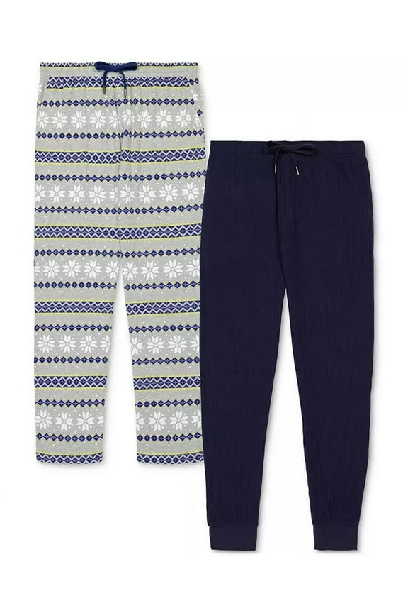 Mens 2Pk. Waffle-Knit Jogger-Leg Pajama Pants Navy & Fair Isle Grey-Medium