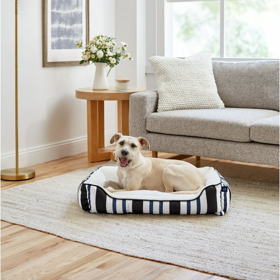 Gap Rugby Stripe Cuddler Pet Bed, Recycled Polyester Cover with Sherpa inner, Small 20"18", Navy