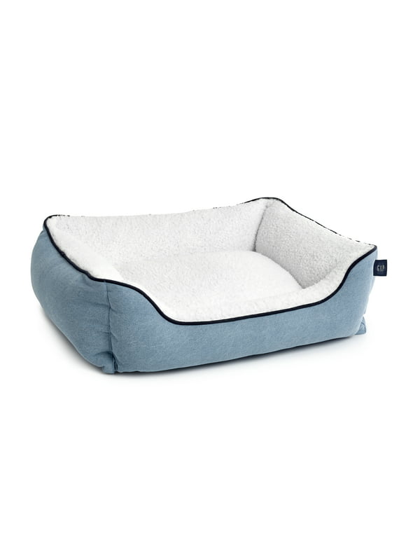 Gap Washed Denim Cuddler Pet Bed, Organic Cotton Cover with Polyester Sherpa inner, Small 20" x 18", Light Blue