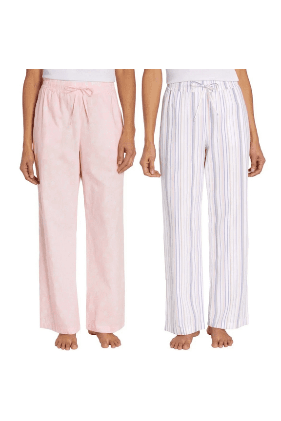 Women's 2 Pack PJ Pants 100% Cotton Pink and Pastel Stripe L