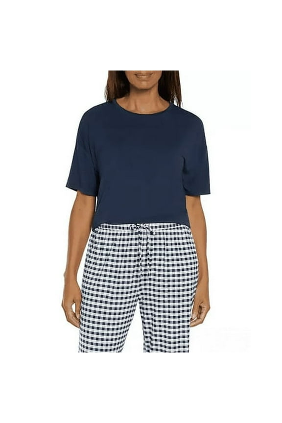 Women's 2-Piece Short Sleeve Pajama Pant Set (Navy, Small)