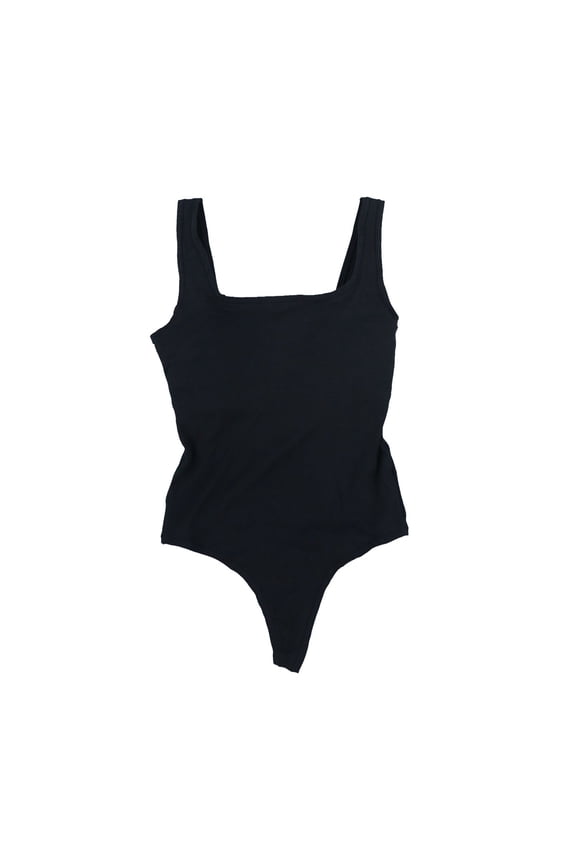 Women's Cotton Ribbed Thong Bodysuit Stretch Comfort Solid Black Medium New