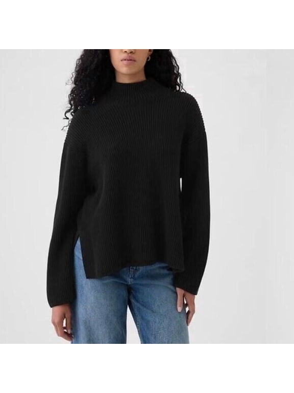 Women's Crew Neck Ribbed Knit Sweater Black XXL