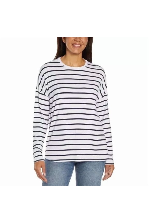 Women's Drop Shoulder Crew Neck Long Sleeve Top Shirt Navy White Stripe XL