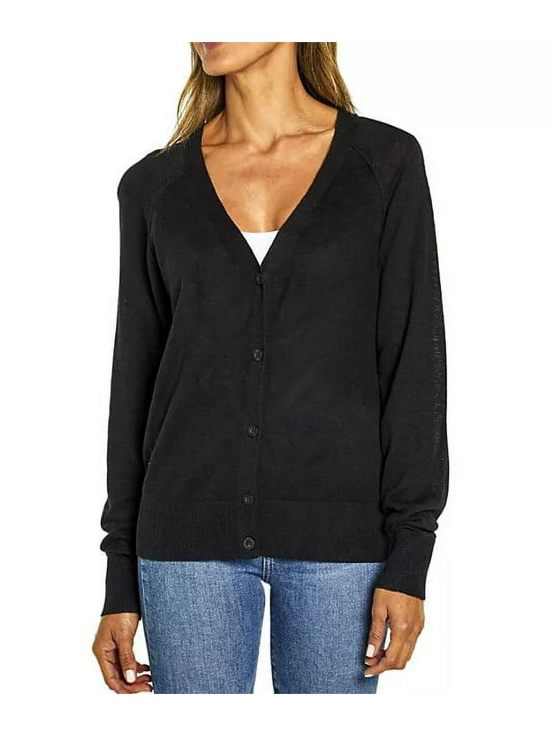 Halife Women's Ribbed Neckline Snap Button Cardigan - Lightweight, Long Sleeve, Black (Size S)