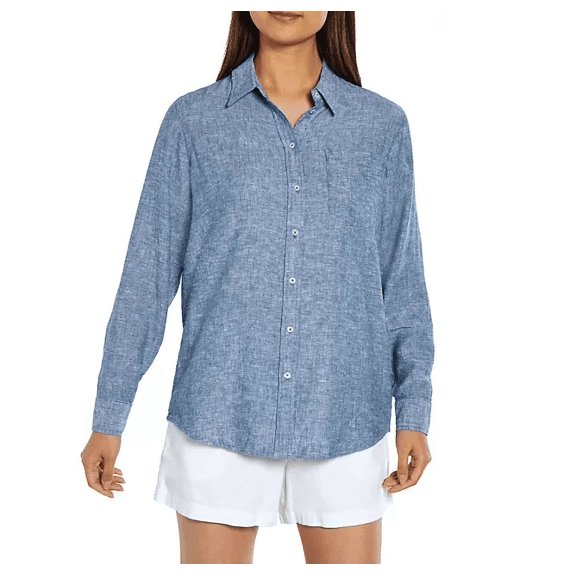 GAP Women's Long Sleeve Relaxed Fit Linen Collared Button Down Top (Blue Crosshatch, M)