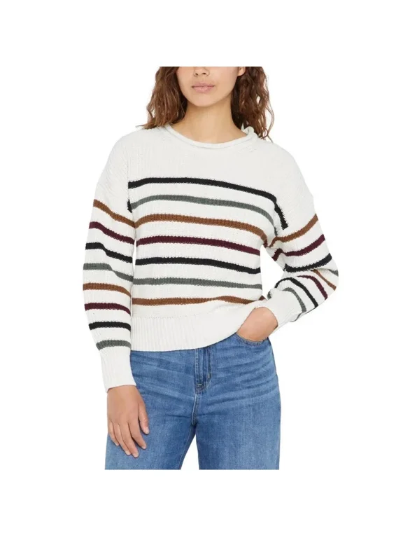 Women's Roll Neck Cotton Sweater, White with Stripes, Medium