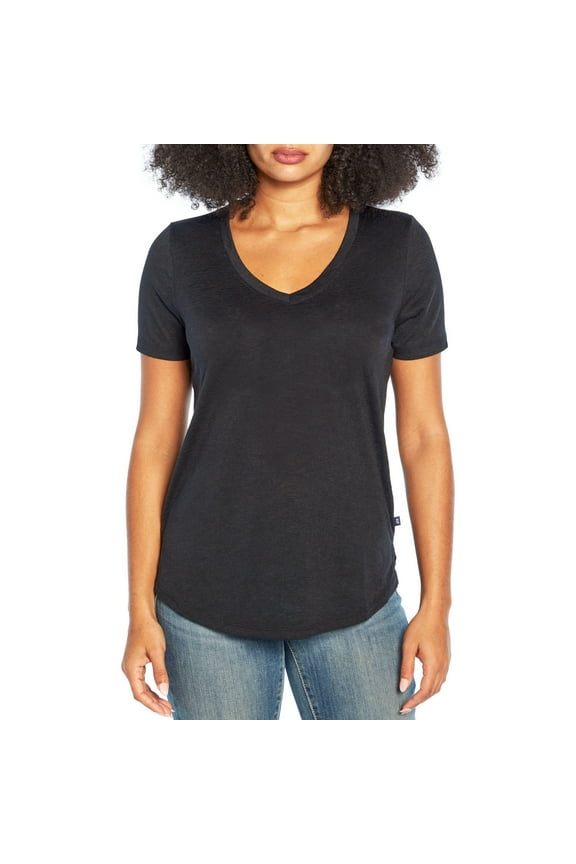 Womens Black Short Sleeve Slub V-Neck T-Shirt XS