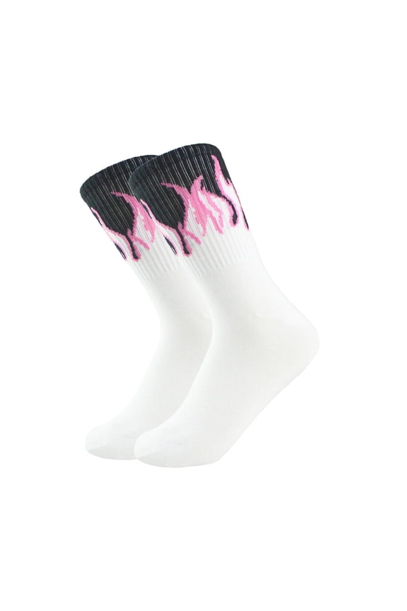 Flame Print Socks for Men - White, One Size Fits All, Polyester, Streetwear Trendy Edgy Socks, Durable Casual Fashion Socks