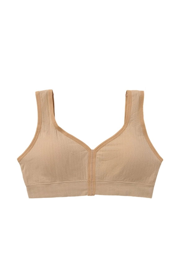 Women's Comfortable Everyday Bra - Front-Zip, 100% Polyester, Wide Straps, Khaki Color, Size M - All-Day Wear Support