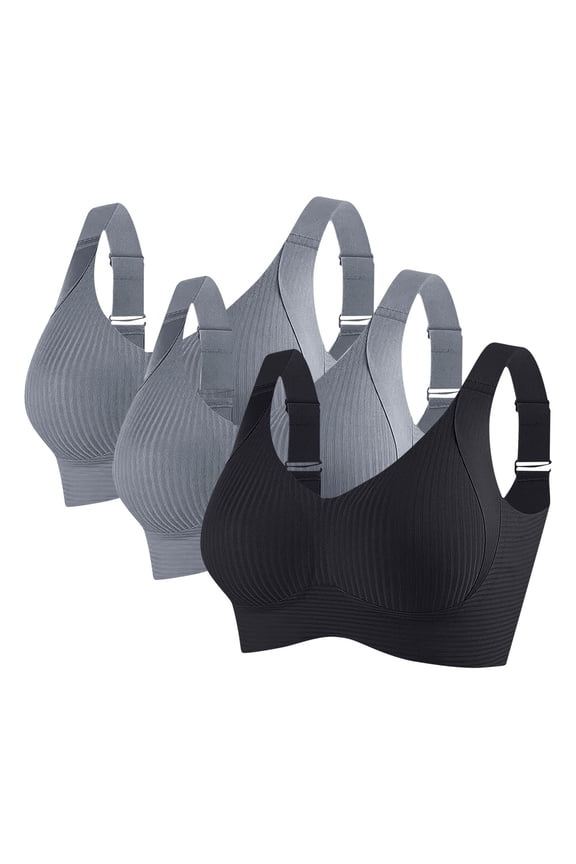 Women's Comfortable M Size Everyday Bras - 3-Pack Nylon Spandex, Adjustable Wide Straps, Ribbed Design, Black - For Daily Wear & Light Lounge