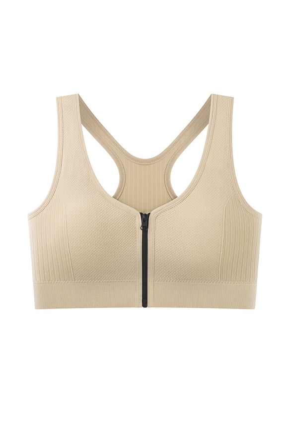 Women's Free Size Beige Sports Bra - Front Zip Racerback, Nylon Spandex, High Support for Gym, Running & Daily Fitness, Breathable Elastic