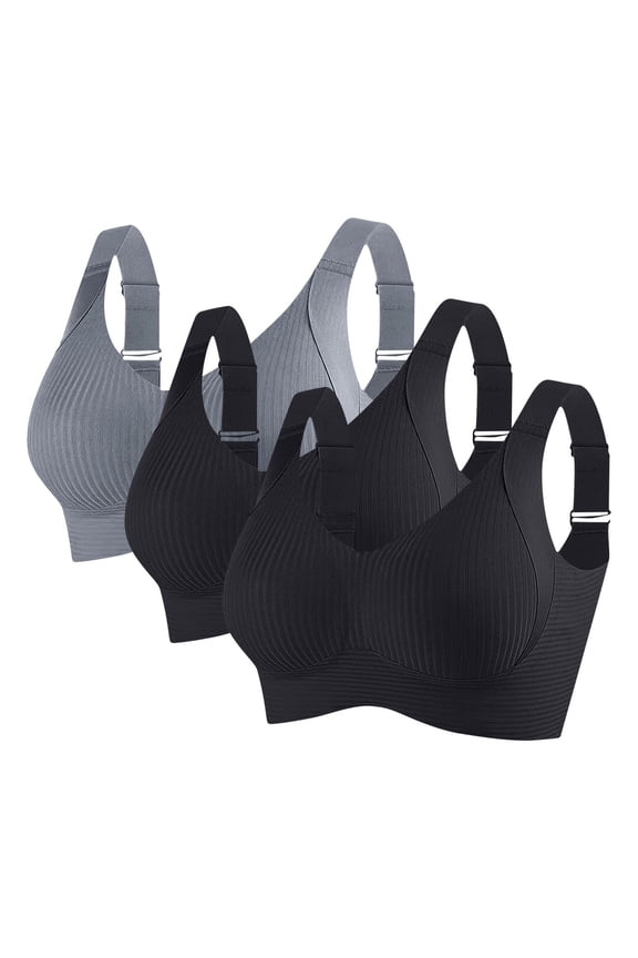 Women's Plus Size 2XL Black Bra - Nylon Spandex, Adjustable Straps, Ribbed Design - Comfortable for Daily & Light-Moderate Activities, 3pc Value Pack
