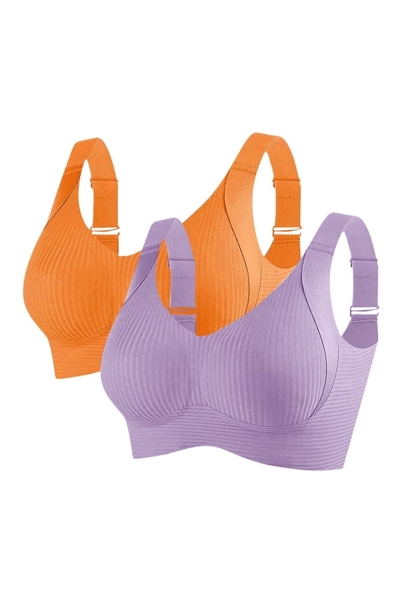 Women's Plus Size 2XL Comfort Bra - 2-Pack Seamless Ribbed Style, Adjustable Straps, Orange, Nylon-Spandex Blend for Everyday Wear