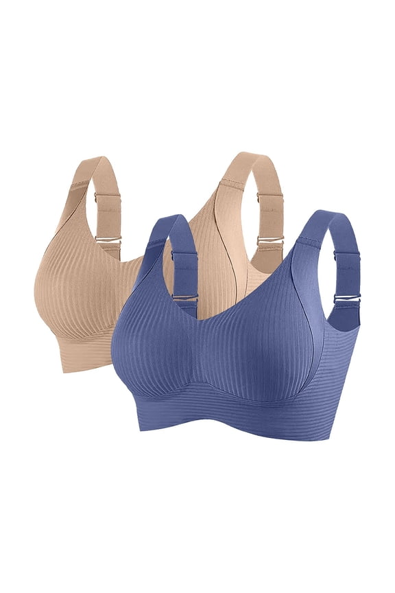 Women's Plus Size 2XL Khaki Bra - Nylon Spandex, Adjustable Straps, Ribbed Design, Comfortable for Daily Wear/Loungewear, 2-Pack