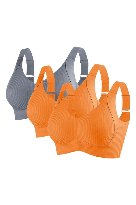 Women's Plus Size 2XL Orange Nylon Spandex Bra, 3-Pack Adjustable Straps, Ribbed Design - Breathable Stretchy, Light-Moderate Activity & Daily Wear, Comfort Support