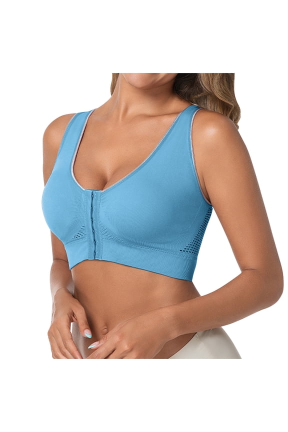 Women's Plus Size 3XL Blue Front Zip Bra - 100% Polyester Moisture-Wicking, Mesh Panels, Wide Straps for Active Wear & Post-Surgery Comfort