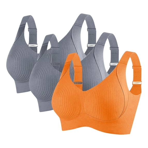 Gapacks Women's Plus Size 3XL Comfortable Bra 3-Pack - Nylon Spandex, Light Support, Wide Adjustable Straps, Ribbed Texture, Orange - For Daily Wear/Lounging/Light Exercise