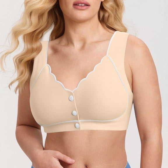 Gapacks Women's Plus Size 3XL Wireless Bra - Comfortable Nylon Spandex Bra with Front Button, Scalloped Neckline & Contrasting Trim, Beige, for Daily Wear