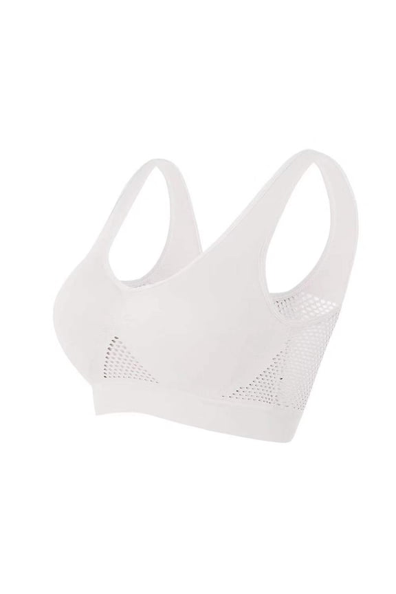 Women's Plus Size 4XL Bra - White Seamless Wide Strap, 100% Polyester Moisture Wicking with Mesh Panels for Everyday & Light Activity