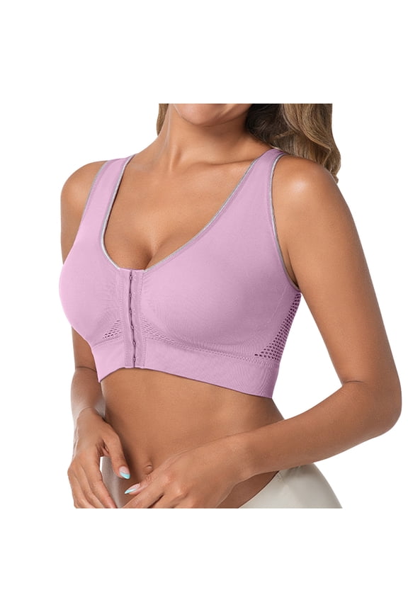 Women's Plus Size 5XL Front Zip Bra - Moisture-Wicking Polyester, Mesh Panels, Post-Surgery Support, Wide Straps, Purple