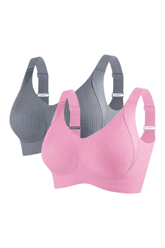Women's Plus Size Comfortable Bra 2XL Pink, Nylon Spandex Blend, Supportive for Light Activities, Adjustable Straps, Ribbed Design, 2-Pack