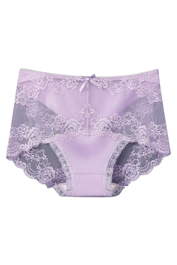 Women's Soft Stretchy Lace Panties with Bow, Purple, Size L - Nylon Spandex, Comfortable for Everyday & Special Occasions