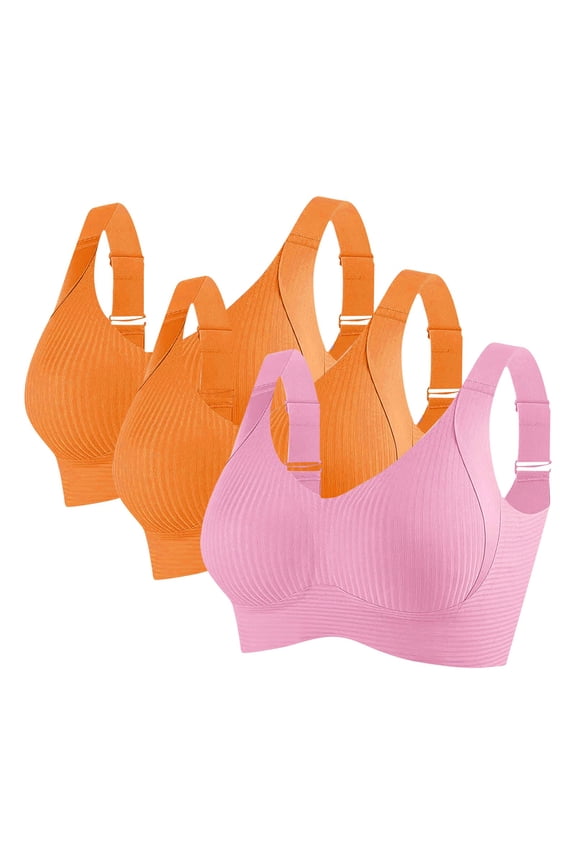 Women's Sports Bra, Nylon Spandex Breathable, Ribbed Adjustable Strap, Moisture Wicking, Pink, Size L - 3 Pack for Light-Moderate Workouts & Daily Wear