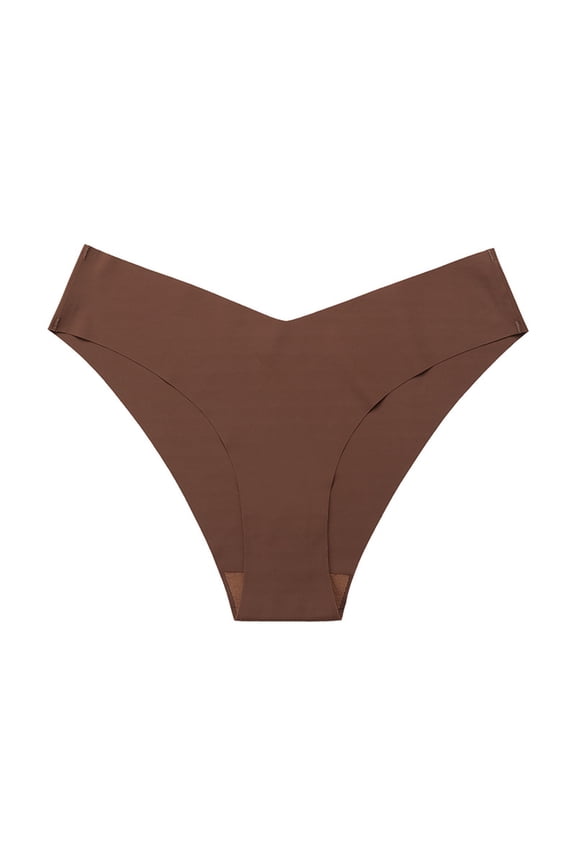 Women's Thong Underwear, Polyester No Show V-Front, Comfortable Moisture-Wicking for Tight Clothes, Brown, Size L