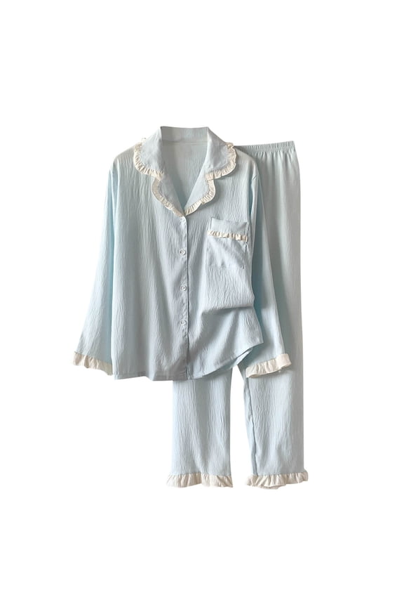 Womens 100% Cotton Pajama Set - Ruffle Trim Long Sleeve Button-Down Top & Pants, Blue, Size M-XXL, Soft Breathable Sleep/Loungewear for Home,Size M