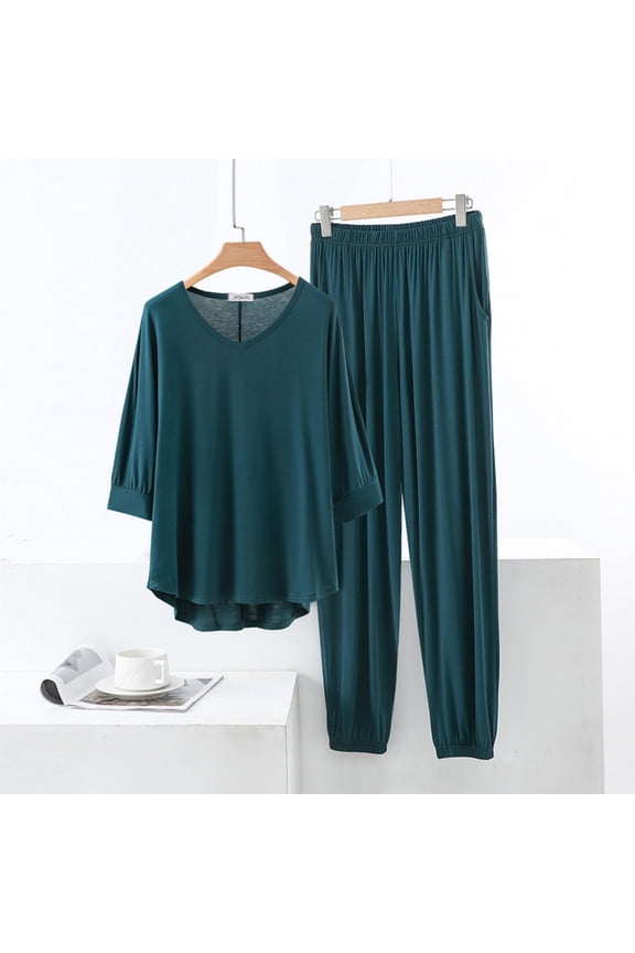 Womens 2-Piece Loungewear Set - V-Neck 3/4 Sleeve Top & Jogger Pants, Modal Cotton Polyester, Army Green, M-XXL, Soft Loose Fit for Home Lounging & Sleepwear,Size XL