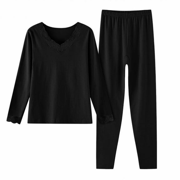 Gapacks Womens Black 2-Piece Cotton Thermal Loungewear Set (Top Leggings) - V-Neck, Lace Trim, Wide Elastic Waistband, Warm Breathable, Sizes M-XXXL,Size L