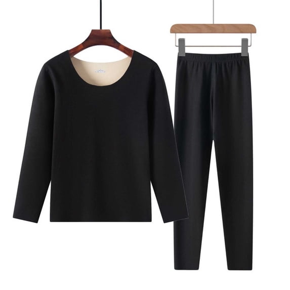 Gapacks Womens Black Thermal Underwear Set - Soft Warm Polyester, Long Sleeve Round Neck, Elastic Waist, 1 Top+1 Pant for Cold Weather Base Layer,Size L