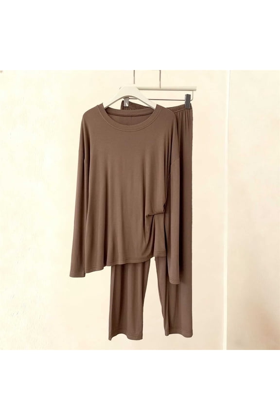 Womens Coffee Loungewear Set Ultra-Soft Modal Cotton Polyester 2-Piece Long-Sleeve Top & Elastic-Waist Pants, Loose Fit, Sizes M-XXL for Home Lounging & Sleep,Size M