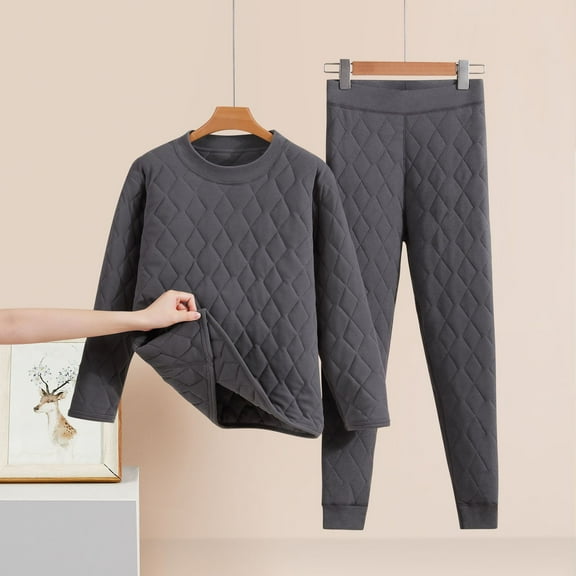Gapacks Womens Dark Gray Quilted Long Johns Set - Nylon Spandex Blend, Soft Stretch, Warm Base Layer for Fall Winter Cold Weather, Long Sleeve Top & Pants,Size XL