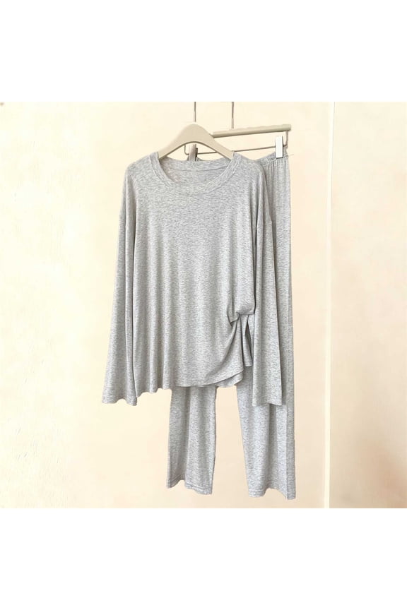 Womens Gray Loungewear Set Ultra-Soft Modal Cotton Polyester 2-Piece Long-Sleeve Top & Elastic-Waist Pants, Loose Fit, Sizes M-XXL for Home Lounging & Sleep,Size M