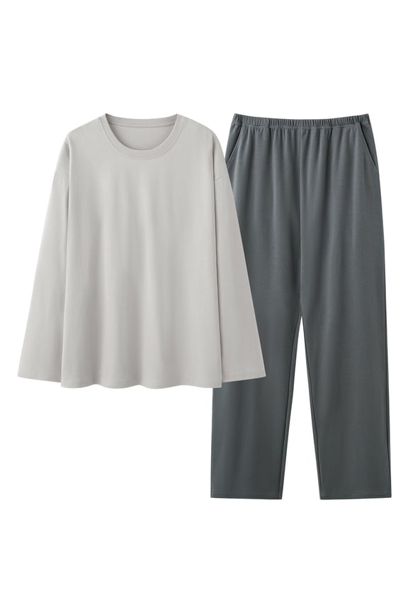 Womens Green Cotton Loungewear Set - Long Sleeve Crew Neck Top & Elastic Waist Pants, L-XXXXL Plus Size, Soft Breathable for Home Lounging,Size L