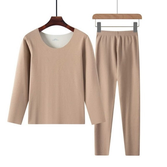 Gapacks Womens Khaki Thermal Underwear Set - Soft Warm Polyester, Long Sleeve Round Neck & Elastic Waist, 1 Top + 1 Pant for Cold Weather Base Layer,Size 3XL