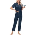 thumbnail image 1 of Gapacks Womens Navy Silky Pajama Set - 100% Polyester Short Sleeve Button-Front Top & Long Pants, Notch Collar, Inclusive S-XXL for Sleeping & Lounging,Size 2XL, 1 of 5