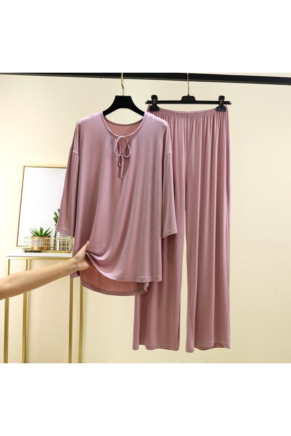 Womens Pink Pajama Set - Loungewear, Ultra-Soft Modal Cotton Polyester, Midi Sleeve, Plus Size L/XL/XXL,Size L