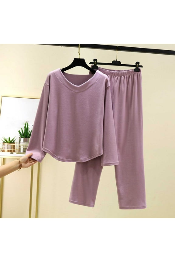 Womens Purple Nylon Spandex Loungewear Set - Soft Stretch Long-Sleeve Top & High-Waisted Pants, Fits L/XL/XXL for Home Lounging & Sleeping,Size L