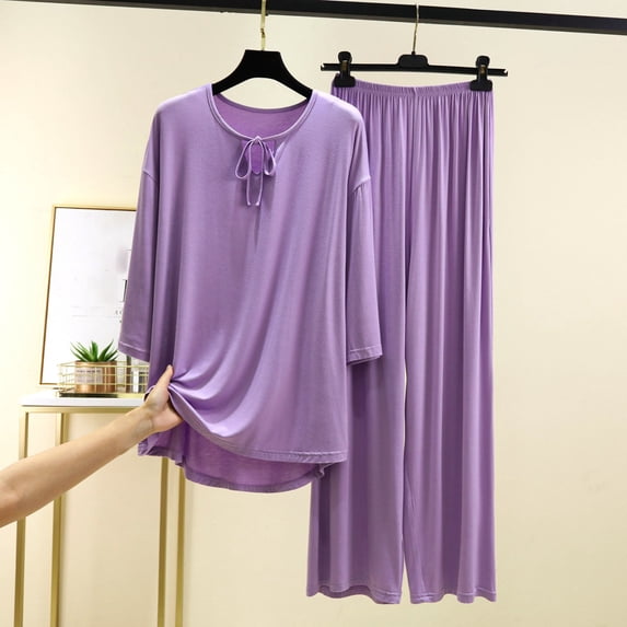 Gapacks Womens Purple Pajama Set - Loungewear, Ultra-Soft Modal Cotton Polyester, Midi Sleeve, Plus Size L/XL/XXL,Size L