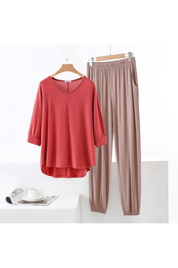 Womens Red 2-Piece Loungewear Set - Soft Modal Cotton Polyester, Pocketed Elastic Waist Pants, Sizes M-XXL,Size L