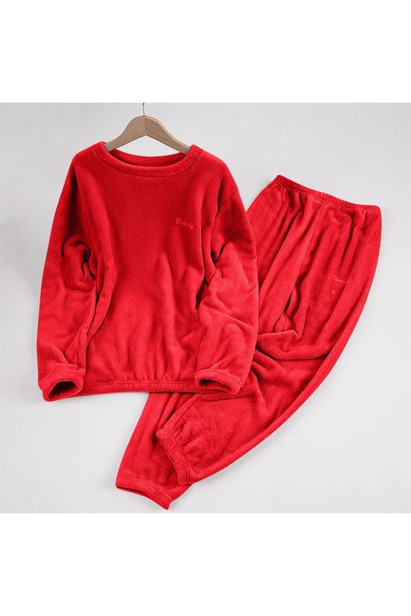 Womens Red Polyester Pajama Set - Warm Comfortable Relaxed-Fit Long Sleeve Top & Elastic Waist Cuffed Ankle Pants, S/M/L Sizes for Home Lounging & Sleep,Size M